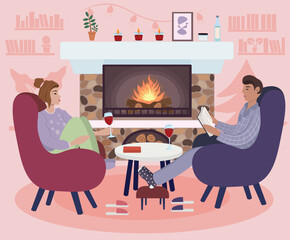 The couple sits by the stone fireplace, drinking wine and reading books. The illustration shows a man, a woman, a fireplace with candles, armchairs on the side, and a light background with bookshelves