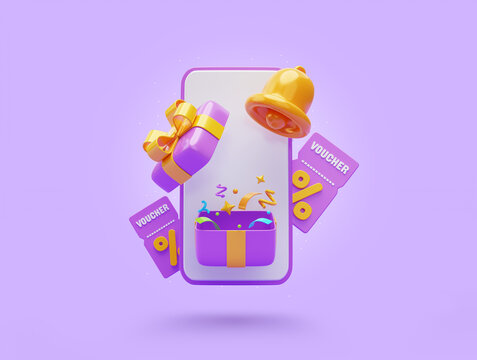 Purple Smartphone with open gift box and discount voucher or coupon percentage sale promotion banner e-commerce business icon Online shopping concept 3D illustration