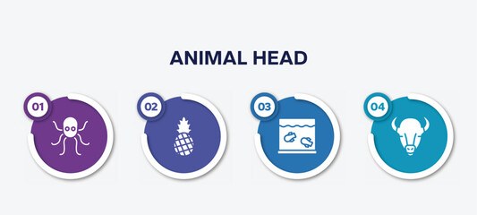 infographic element template with animal head filled icons such as octopus, pine, aquarium, bison vector.