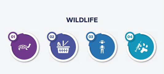 infographic element template with wildlife filled icons such as tortoise, picnic basket, guard, vaccine vector.