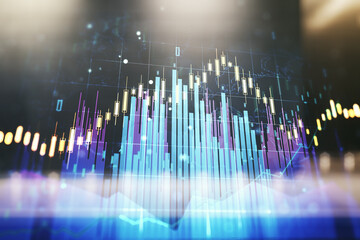Multi exposure of virtual abstract financial graph interface on blurry contemporary office building...