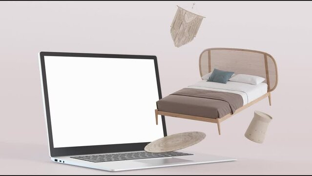 Laptop with flying furniture. Shopping online. Boho furniture shop, interior details. Furnishings sale or interior project concept. Buy sofa, table, chair, commode via internet. E-commerce. 3d render.