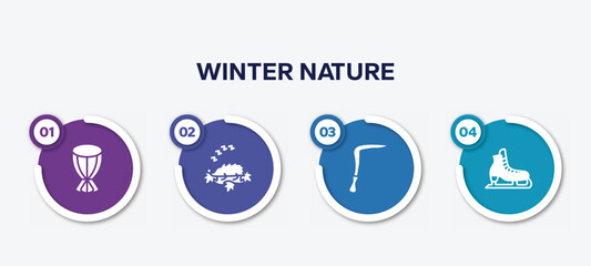 infographic element template with winter nature filled icons such as african drum, hibernation, scythe, ice skate vector.