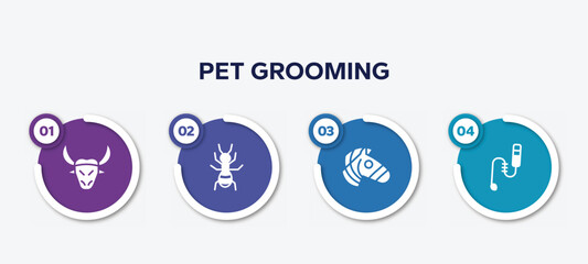 infographic element template with pet grooming filled icons such as buffalo, ant, zebra, teasing stick vector.