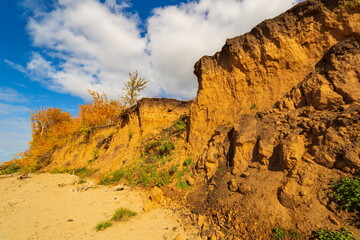 high steep bank of the Volga river in the Samara region on an autumn sunny day