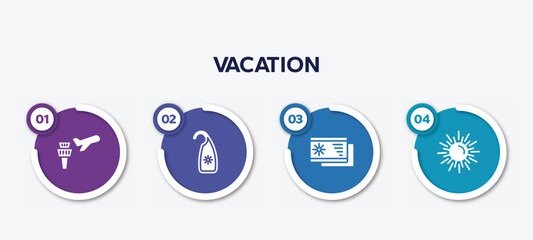 infographic element template with vacation filled icons such as airplane and airport tower, hang, beach postcard, spring sun vector.