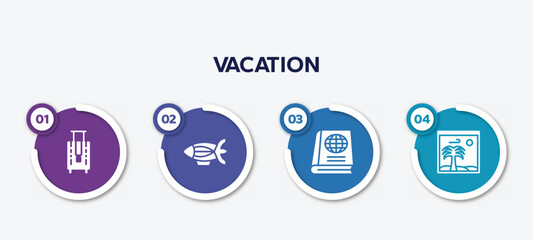 infographic element template with vacation filled icons such as bag for travel, blimp, geography text book, vacation images vector.