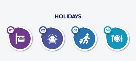 infographic element template with holidays filled icons such as rent, car in front of the sun, traveler at the airport, plate, knife and fork vector.