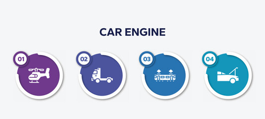 infographic element template with car engine filled icons such as helicopter side view, pickup truck side view, tram side view, hood open vector.