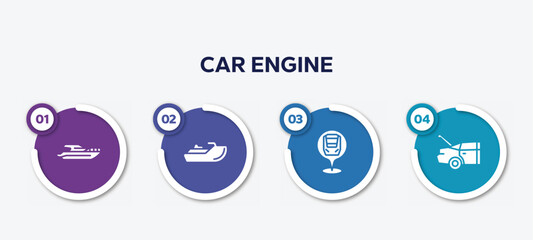 infographic element template with car engine filled icons such as yacht side view, sea scooter, checkpoint, trunk open vector.