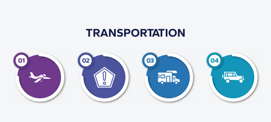 infographic element template with transportation filled icons such as army airplane, precaution, rv, 4x4 vector.