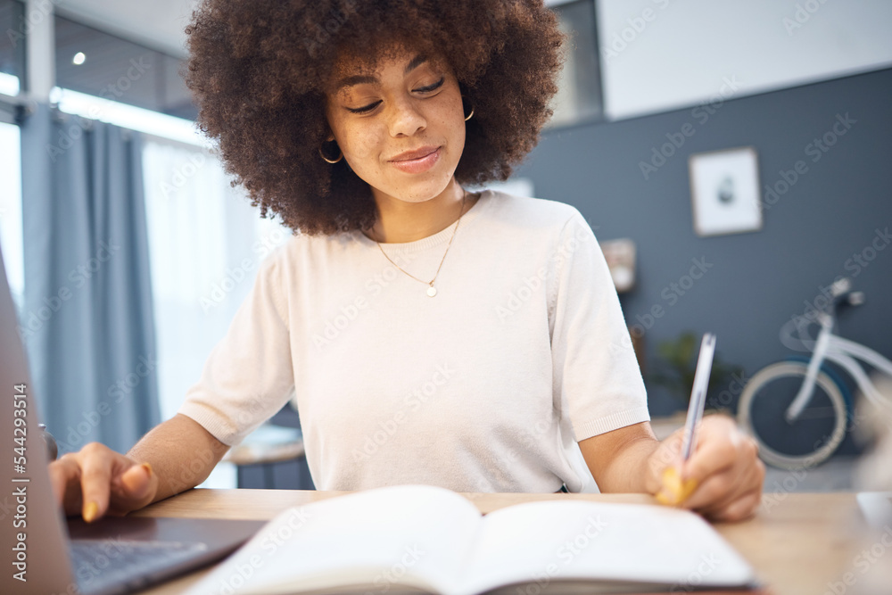 Poster Student research, writing notes and black woman remote eduction on a home computer. Working, planning and reading digital learning busy with tech data test elearning and web university information