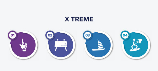 infographic element template with x treme filled icons such as foam hand, buck, catamaran, wakeboarding vector.