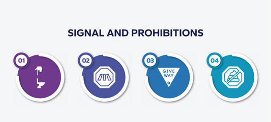 infographic element template with signal and prohibitions filled icons such as flush, cross road, give way, no pooping vector.