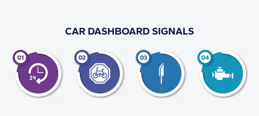 infographic element template with car dashboard signals filled icons such as 24 hours service, cycle lane, knife in sheath, malfunction indicador vector.