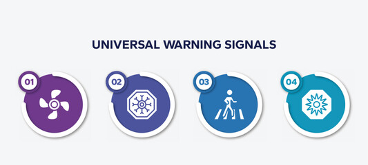 infographic element template with universal warning signals filled icons such as ventilating fan, winter warning, crossing, uv ray warning vector.