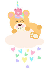 Obraz na płótnie Canvas Unicorn princess teddy bear on cloud with hearts