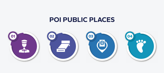 infographic element template with poi public places filled icons such as policeman figure, bed 3d view, inmigration check point, four toe footprint vector.
