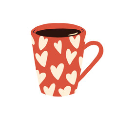 Gouache mixed media cups on transparent background. Patterned coffee mugs ans cups. Heart pattern. Red cup of coffee