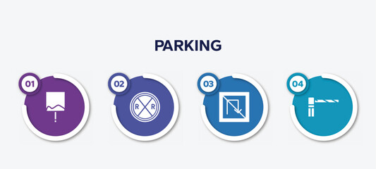infographic element template with parking filled icons such as uneven, railroad crossing, no turn, parking barrier vector.