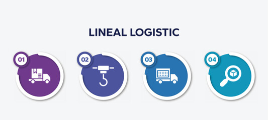 infographic element template with lineal logistic filled icons such as package on rolling transport, container hanging, delivery date, delivery search vector.