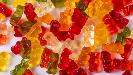 Pile of colorful gummy bear candies on a white background