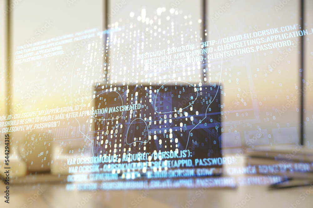 Poster double exposure of creative code skull hologram on laptop background. malware and cyber crime concep