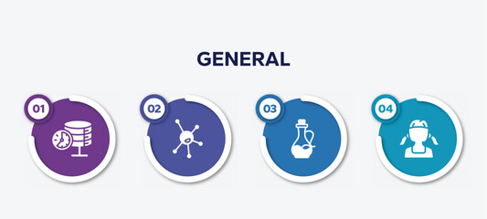 infographic element template with general filled icons such as real time data, organism, massage oil, teenager vector.