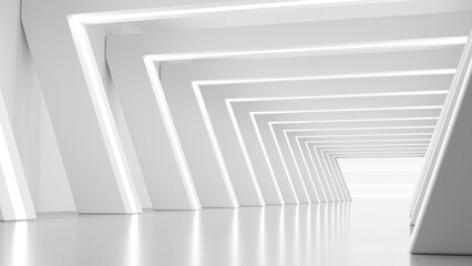 White futuristic tunnel with lights. Modern style abstract 3d rendered background.