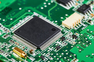 Close-up of computer chip on a part of electronic printed circuit board