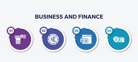 infographic element template with business and finance filled icons such as account balance, round euro button, rating stars, currency security vector.