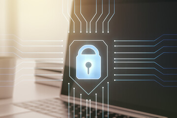 Creative lock sketch with chip hologram on modern laptop background, protection of personal data concept. Multiexposure