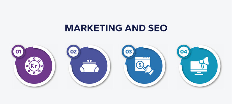 infographic element template with marketing and seo filled icons such as krone circular, women puser, monetizing, responsive marketing vector.