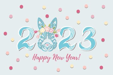 2023 with Rabbit head for Happy New Year poster, party invitation, postcard motive. Vector illustration.