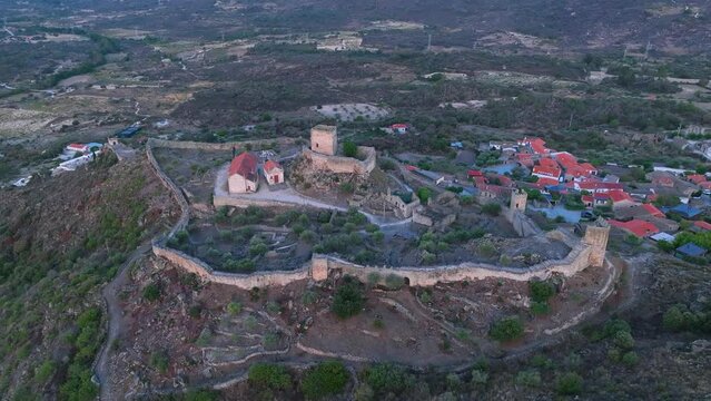 Aerial landscape from a drone of town of Marialva, Portuguese parish of the concelho de M&ecirc;da. Historic Villages. Portugal. Europe