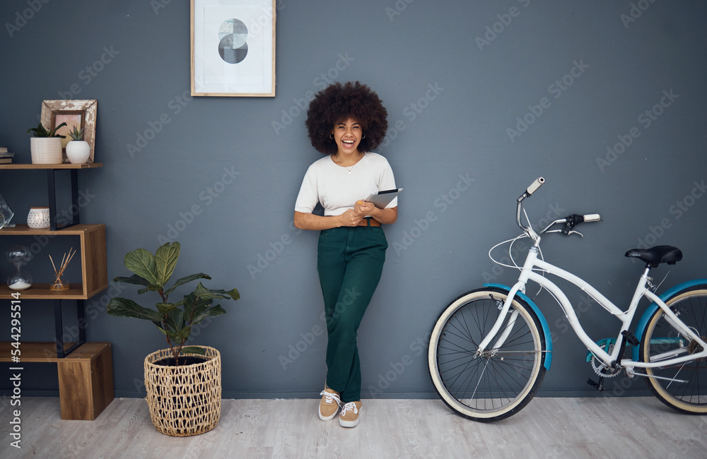 Poster Tablet, bicycle and portrait of black woman in home web or internet browsing. Smile, relax and happy female from South Africa on digital touchscreen tech, mobile app or networking on social media.