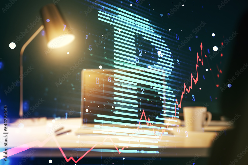 Poster Creative Bitcoin concept with modern computer background. Double exposure