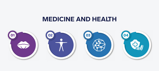 infographic element template with medicine and health filled icons such as female mouth lips, human body standing, spheres connected by lines, health insurance or hospital costs vector.