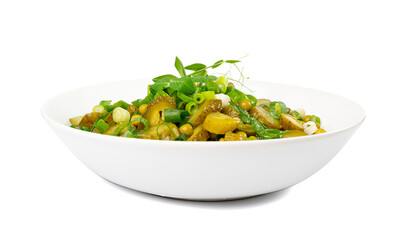 Pickled Gherkins Salad in White Bowl. Chopped Pickled Cucumbers, Canned Green Peas, Green Onions Salat