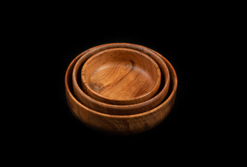 Empty Wood Bowl Isolated, Wooden Bowl on Black Background, Rustic Mock Up