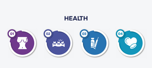 infographic element template with health filled icons such as breasts, misaligned, syringe with medication, medicine for heart vector.