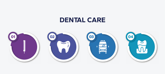 infographic element template with dental care filled icons such as thermometer reading temperature, teeth black shape, frontal ambulance, premolar vector.