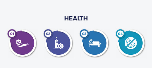 infographic element template with health filled icons such as travel insurance, candle flower, patient in hospital bed, prohibition vector.