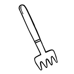 Hand drawn inventory for the care of house plants rake black and white contour drawing on white background. Vector element for the design of wallpaper, fabric, cards