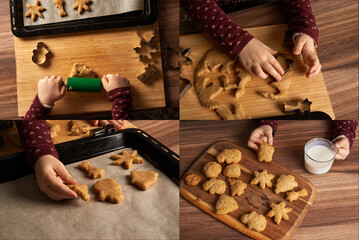 child hands with silicon rolling dough. Process of baking Christmas cookies