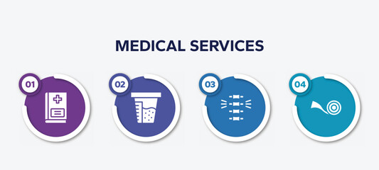 infographic element template with medical services filled icons such as vademecum, urine test, chiropractic, medical tape vector.