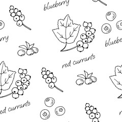 Sprigs and berries of blueberries, sprigs of red currant and leaves on a white background black and white seamless pattern