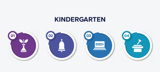 infographic element template with kindergarten filled icons such as biological, school alarm, online education, sandbox vector.