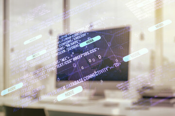 Double exposure of abstract creative programming illustration with world map on computer background, big data and blockchain concept