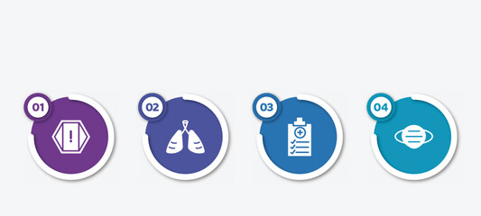 infographic element template with filled icons such as attention, pneumonia, medical report, mask vector.